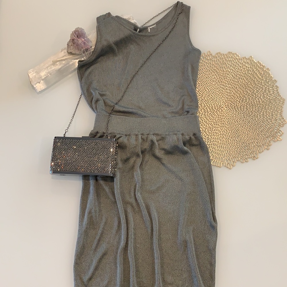 Pewter Metallic Knit 2-Piece Set Top & Bottom